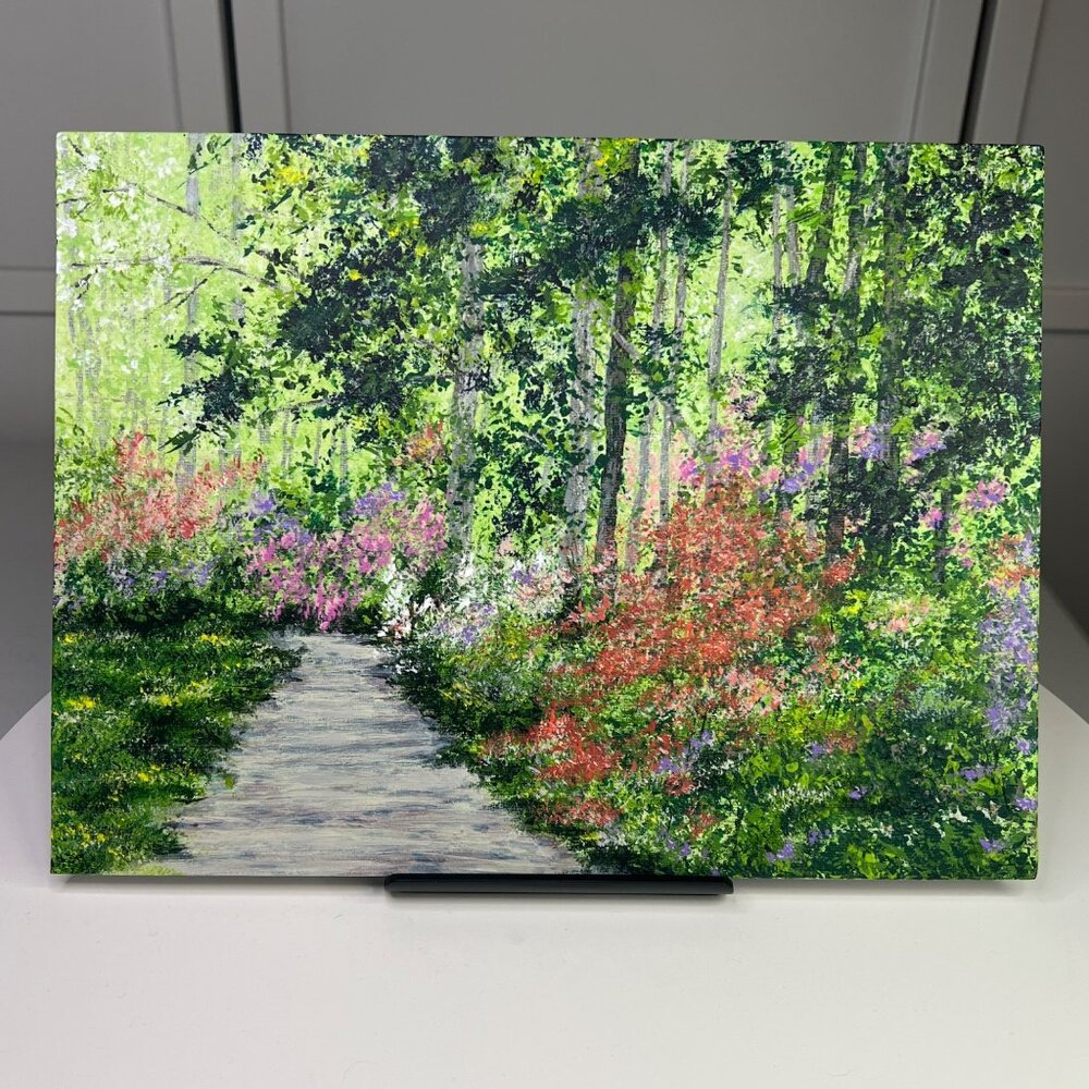 First Blooms Of Spring Acrylic Painting Woodland Path Scene, 9" X 12", Unframed - Picture 4 of 6
